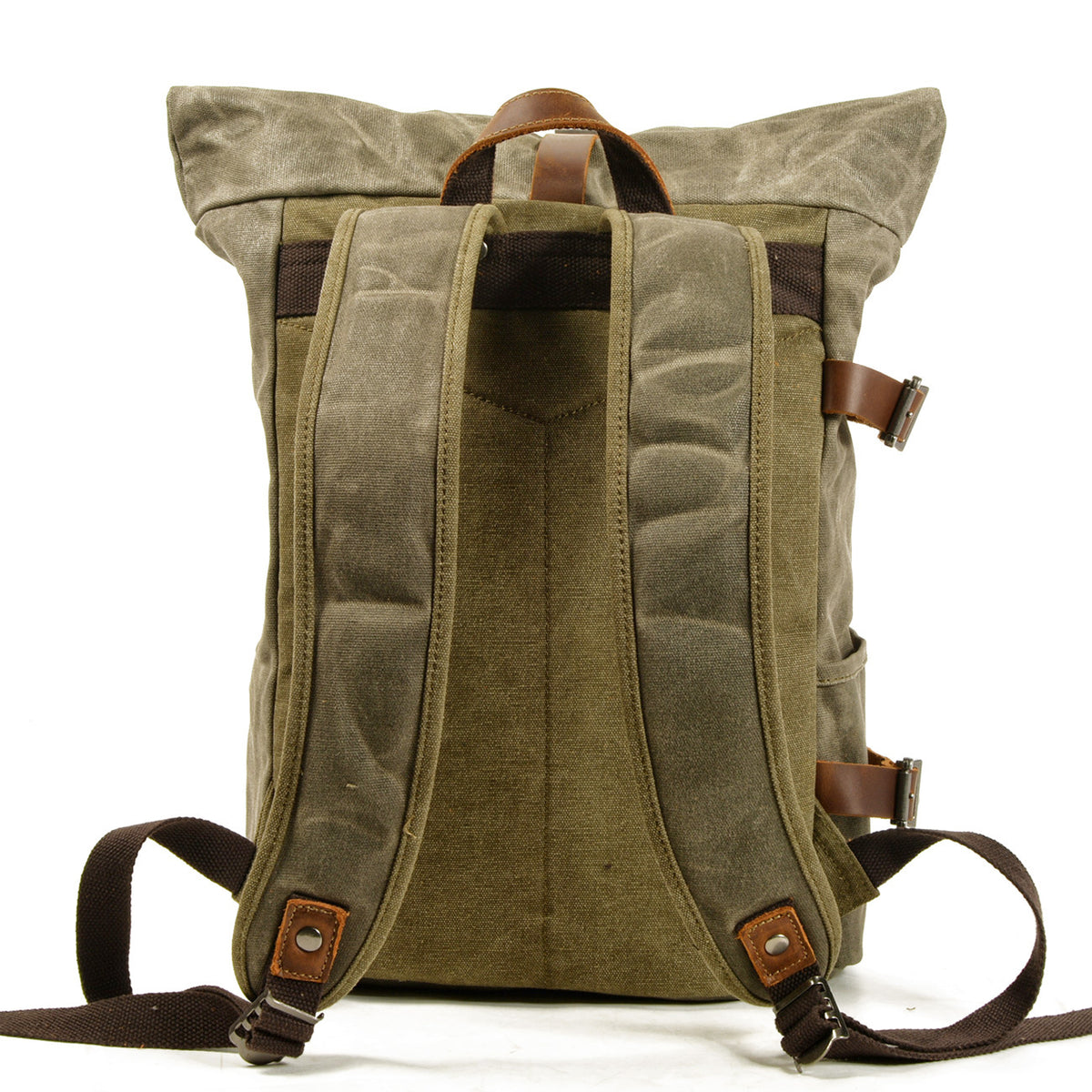 Vintage Canvas Rucksack with Olive Roll Top and Buckle Strap