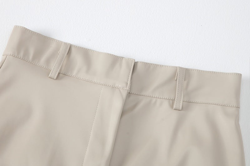 High Waist Leather Slit Straight Skirt