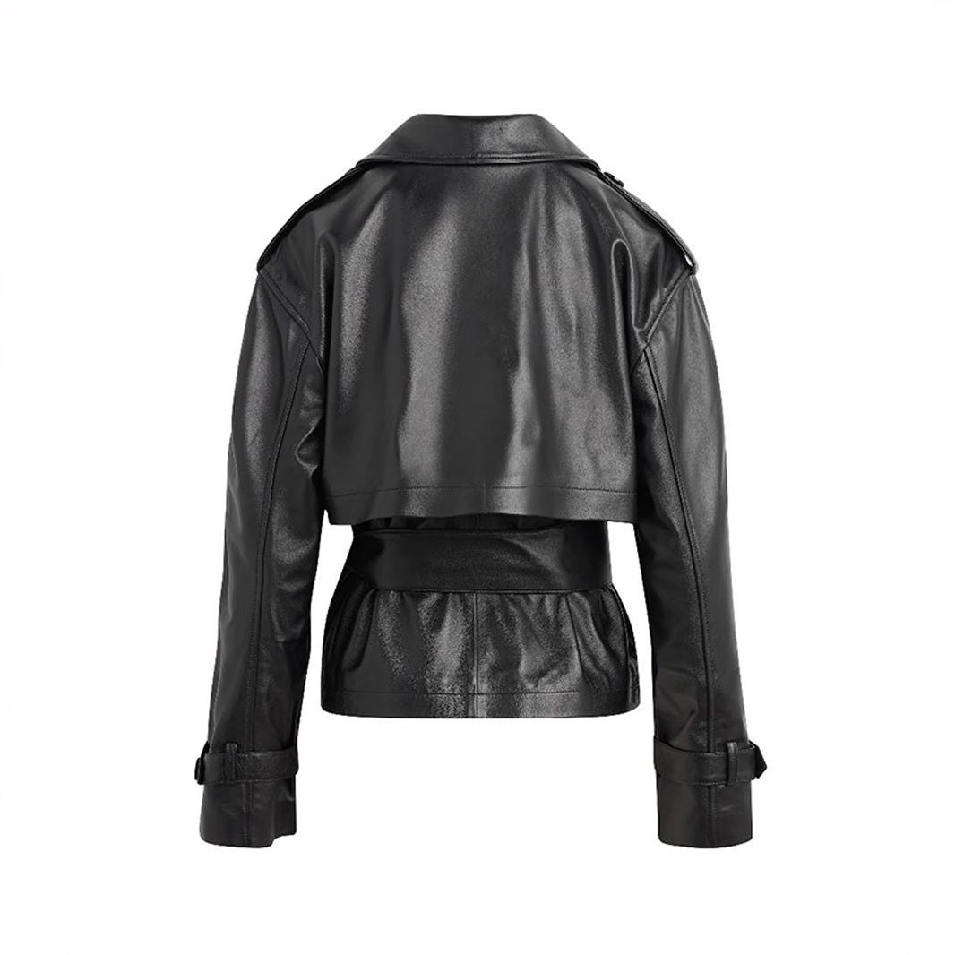 Women's Faux Leather Jacket Belted Waist Slimming Moto Biker Style