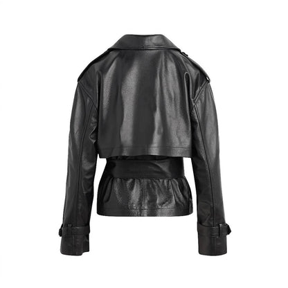 Women's Faux Leather Jacket Belted Waist Slimming Moto Biker Style