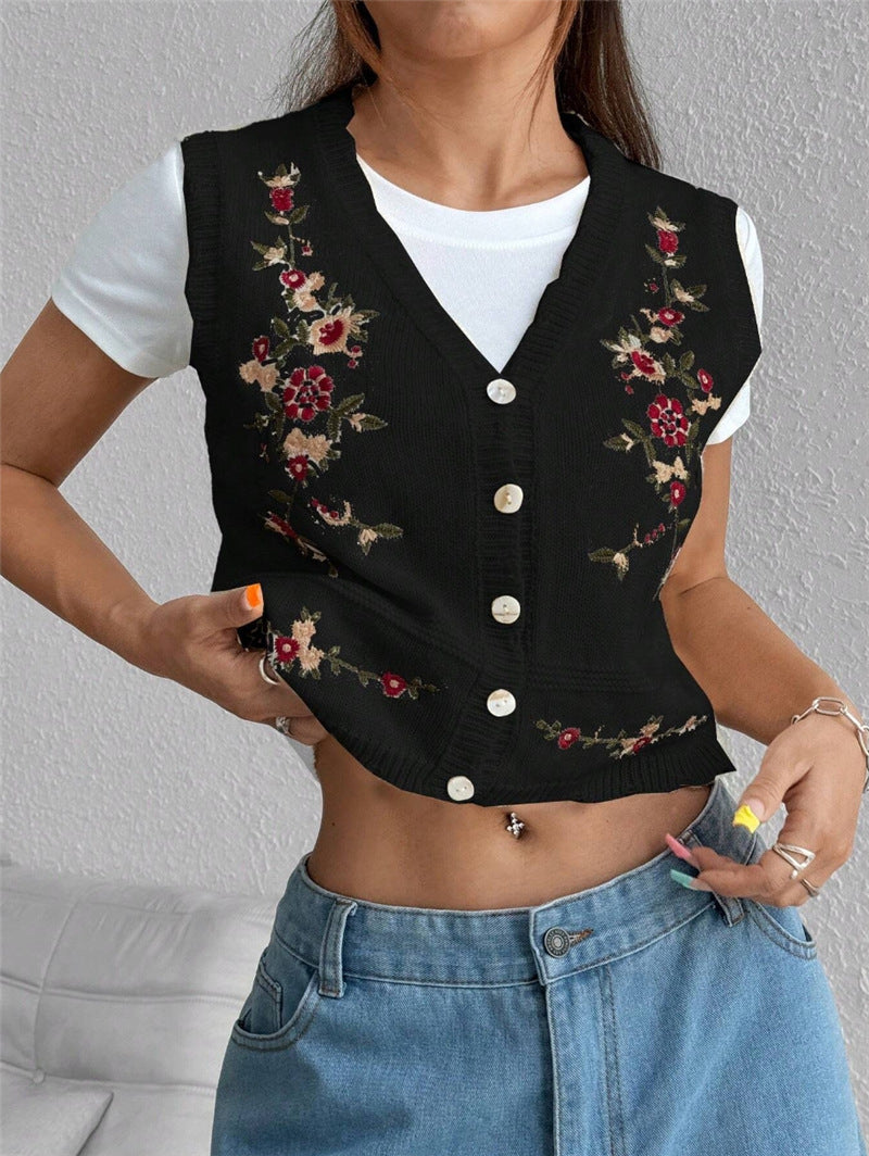 Embroidered Knitted Sweater Women’s Vest Floral Button Front Crop