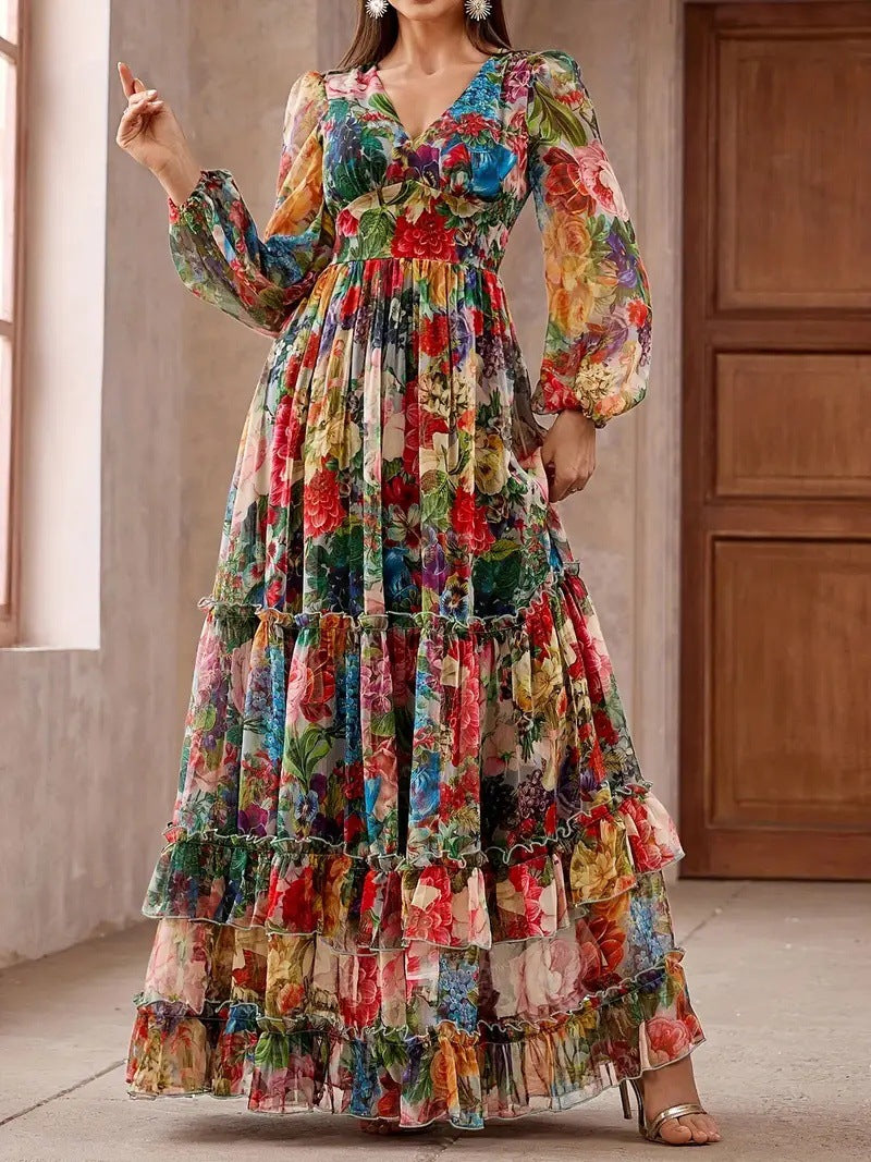 Women Floral Print Long Dress V-Neck Ruffle Tiered Maxi Dress