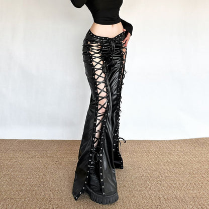 Flared faux leather pants lace up