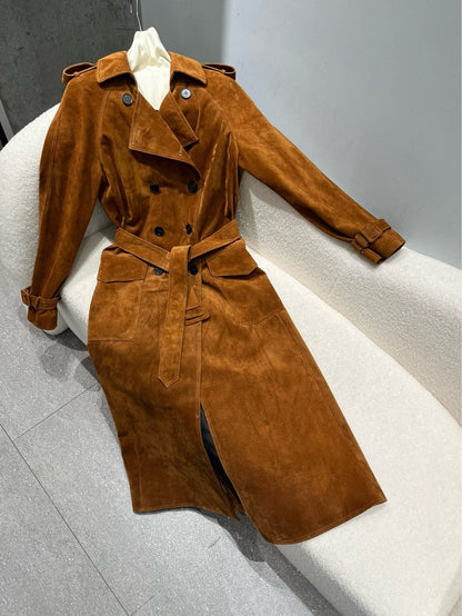 Women Suede Leather Trench Coat Double-Breasted Full Length