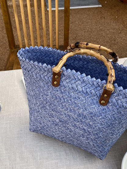 Woven Summer Tote Bag With Bamboo Handle