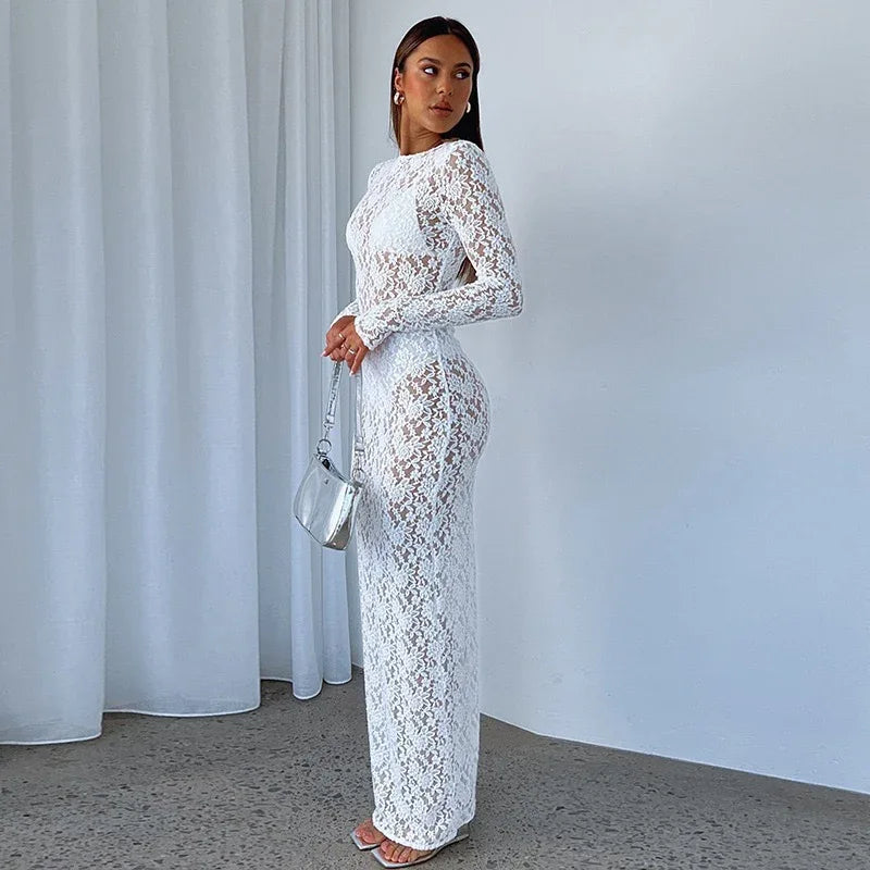 Sheer long sleeve lace maxi dress for women