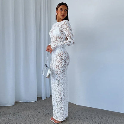 Sheer long sleeve lace maxi dress for women