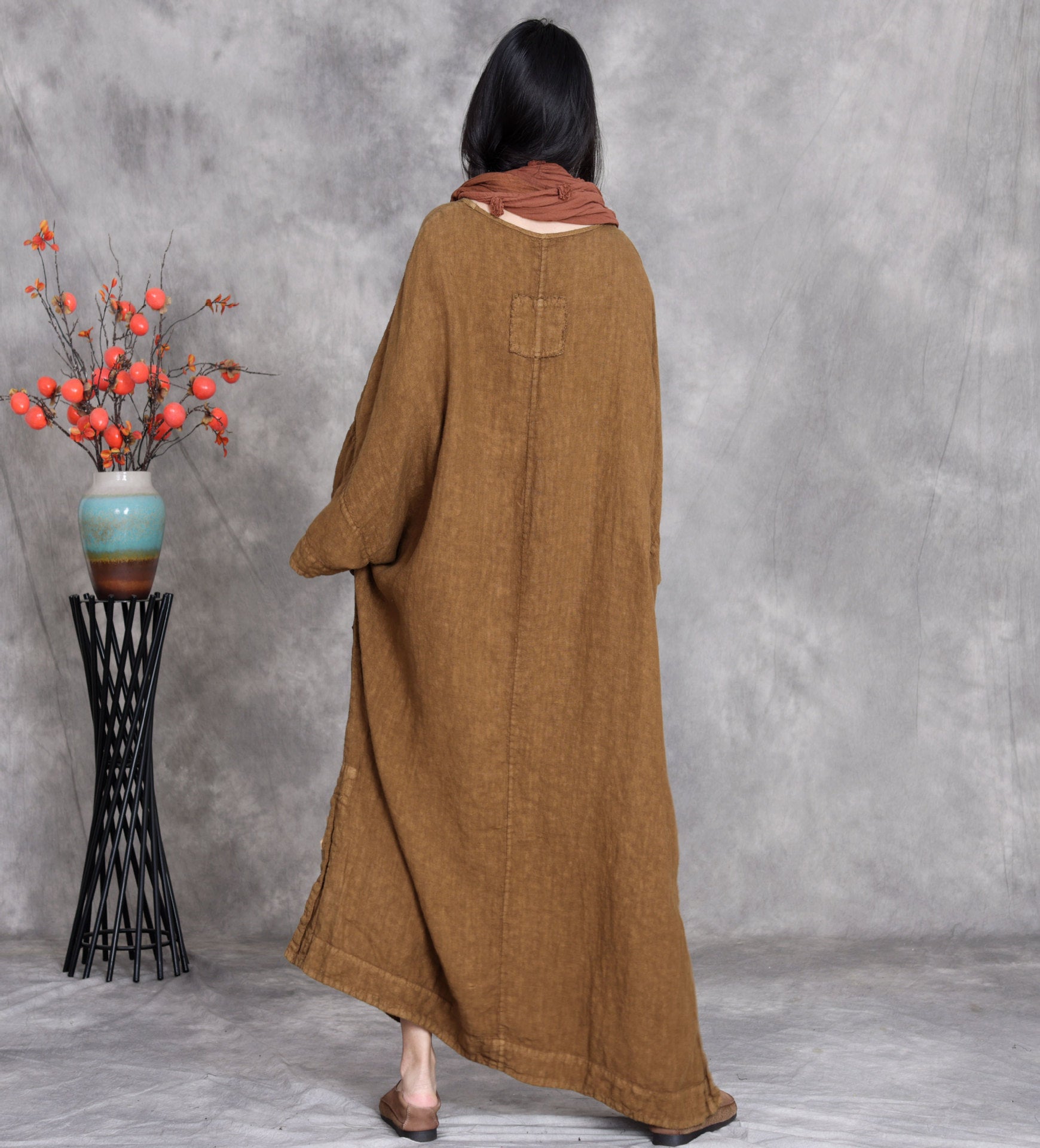 Plus size linen maxi dress loose long sleeve with pockets