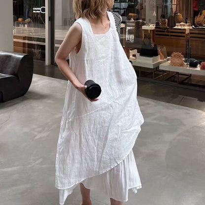 linen irregular hem midi dress layered summer sleeveless loose fit 2