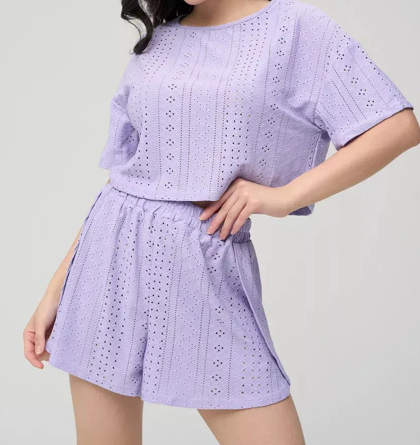 Boho Lounge Set White Eyelet Crop Top Shorts Outfit 3 XS