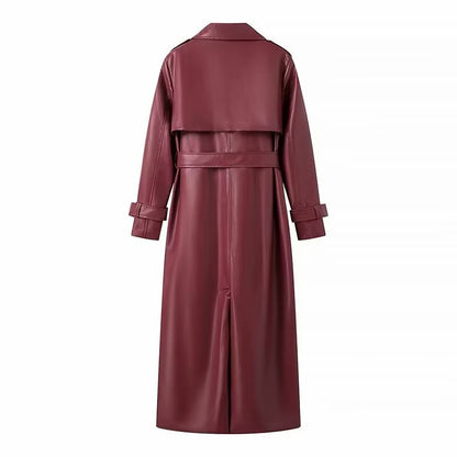 Women’s Faux Leather Belted Trench Coat Long Jacket