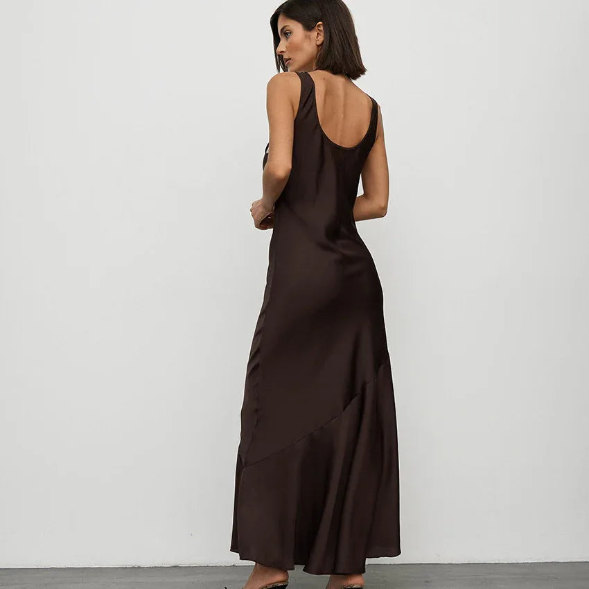 New satin maxi dress in cocoa brown