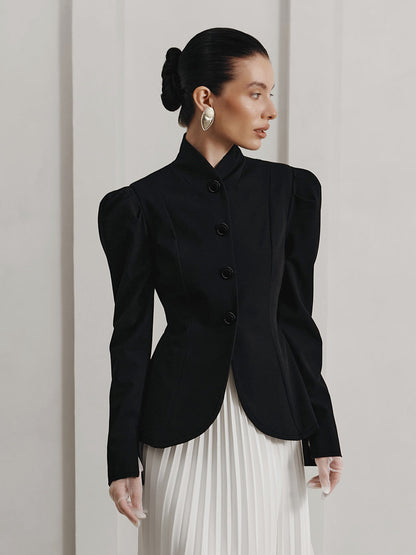 Women’s Stand-Up Collar Black Blazer Puff Sleeve Work Jacket