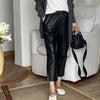 Women Italian Leather Carrot Pants Cropped Straight Leg Elastic Waist