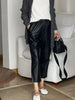 Women Italian Leather Carrot Pants Cropped Straight Leg Elastic Waist