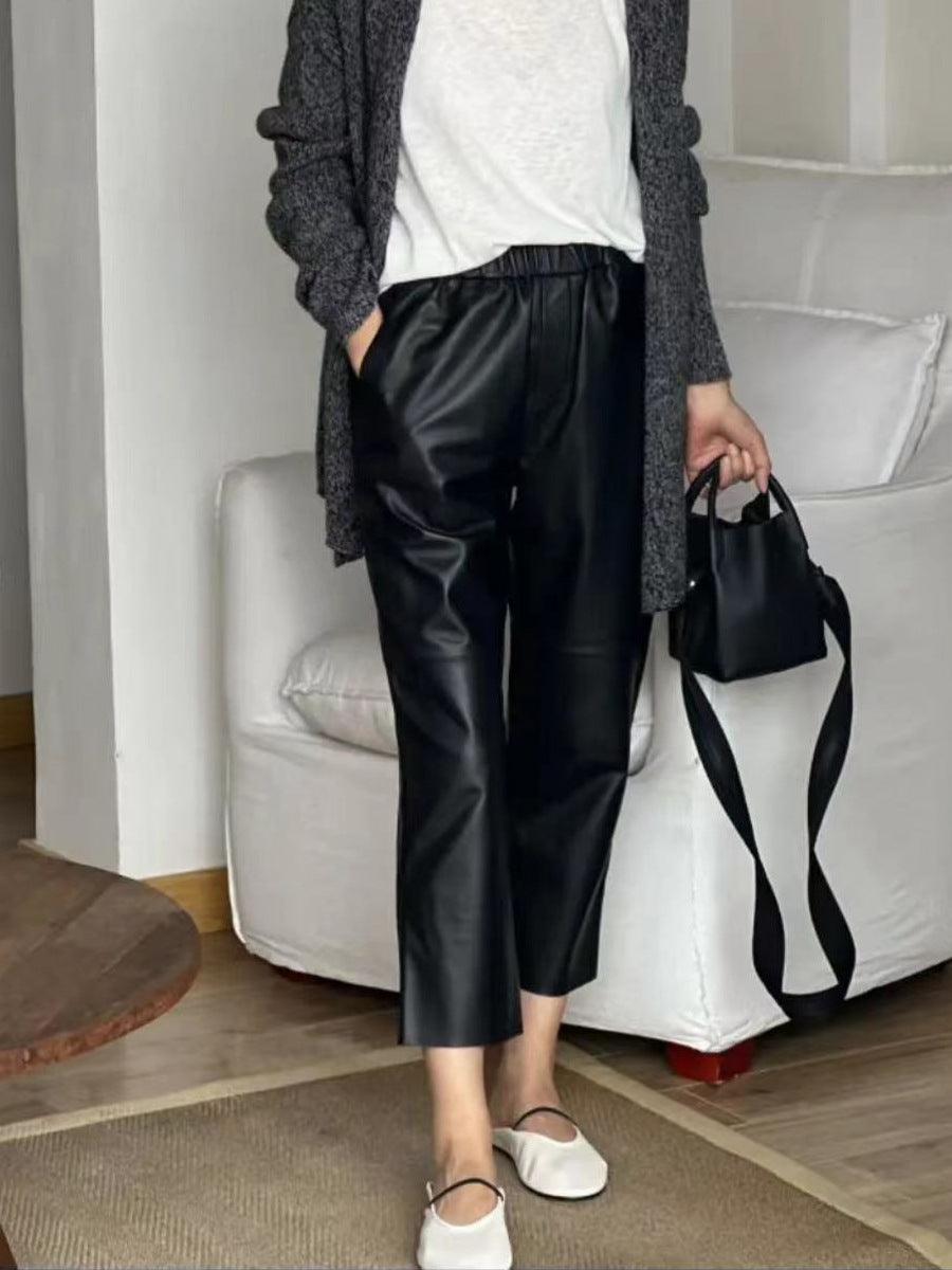 Women Italian Leather Carrot Pants Cropped Straight Leg Elastic Waist