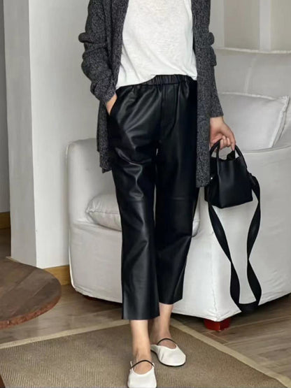 Women Italian Leather Carrot Pants Cropped Straight Leg Elastic Waist