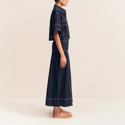 Women’s Denim Two Piece Set Skirt with Slit and Pocket Shirt