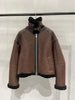 Brown High Waist Moto Style Leather Bomber Jacket with Black Fur Collar
