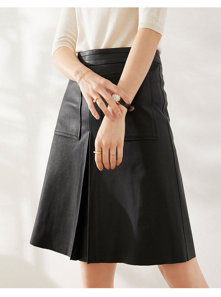 Genuine leather high waist pleated midi skirt