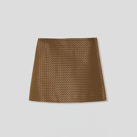 Genuine Black Leather Mini Skirt High Waisted Woven A-Line