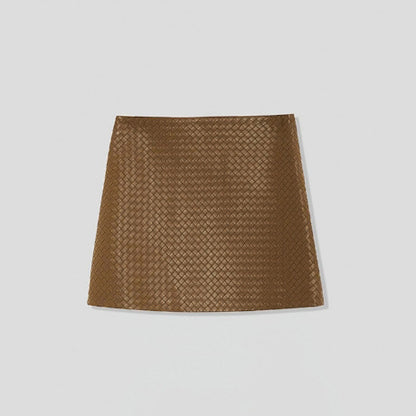 Genuine Black Leather Mini Skirt High Waisted Woven A-Line