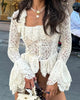 White Lace Corset Blouse Women Long Sleeve Peplum Top