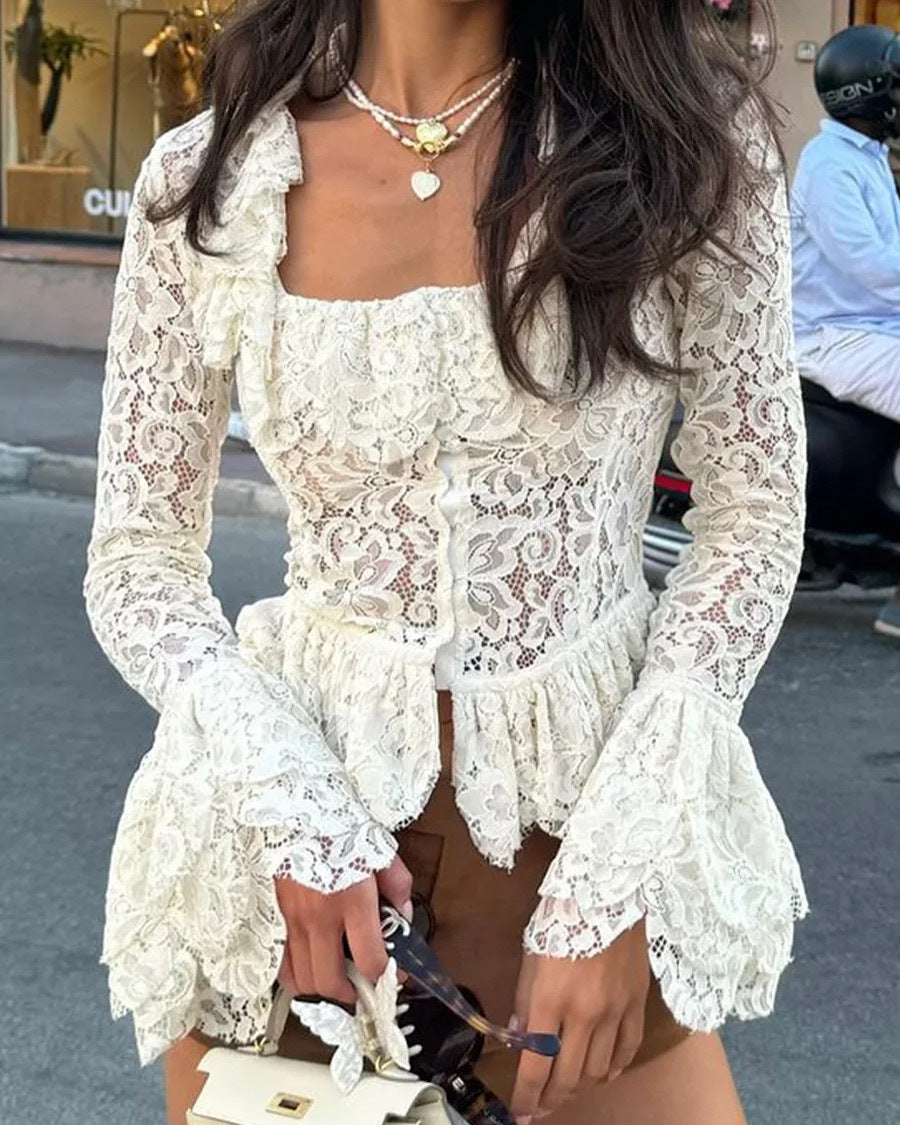 White Lace Corset Blouse Women Long Sleeve Peplum Top