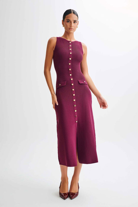 Burgundy Sleeveless Gold-Button Rib Knit Dress