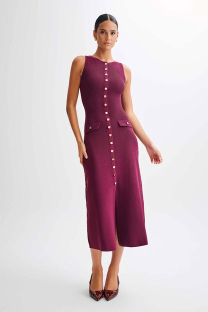 Burgundy Sleeveless Gold-Button Rib Knit Dress