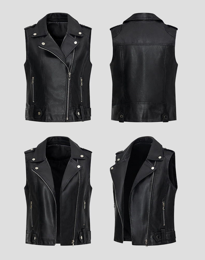 Black Faux Leather Biker Vest for Women