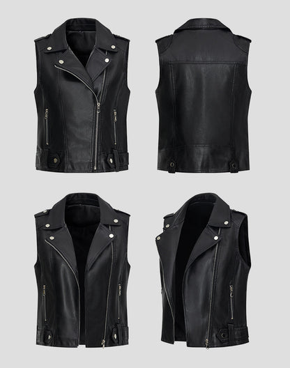 Black Faux Leather Biker Vest for Women