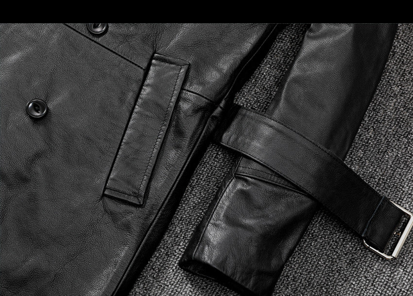 Men mid length leather trench coat jacket