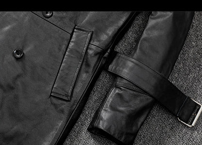 Men mid length leather trench coat jacket