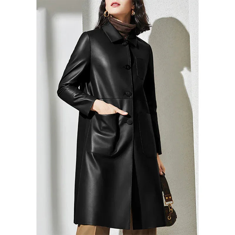 Women leather trench coat with lapel Collar 2 M