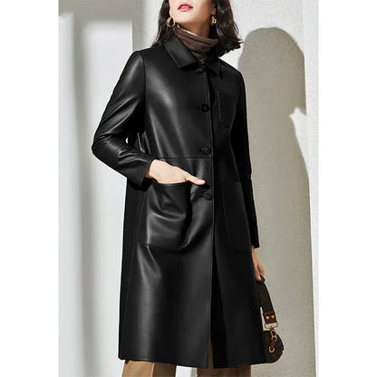 Women leather trench coat with lapel Collar 2 M