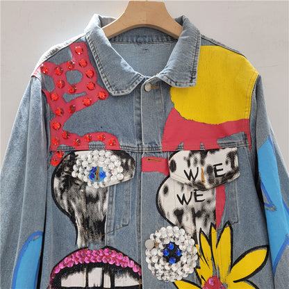 Women Hand-Painted Oversized Graffiti Beaded Denim Jacket