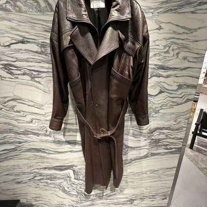 Women Brown Genuine Leather Trench Coat Retro Motorcycle