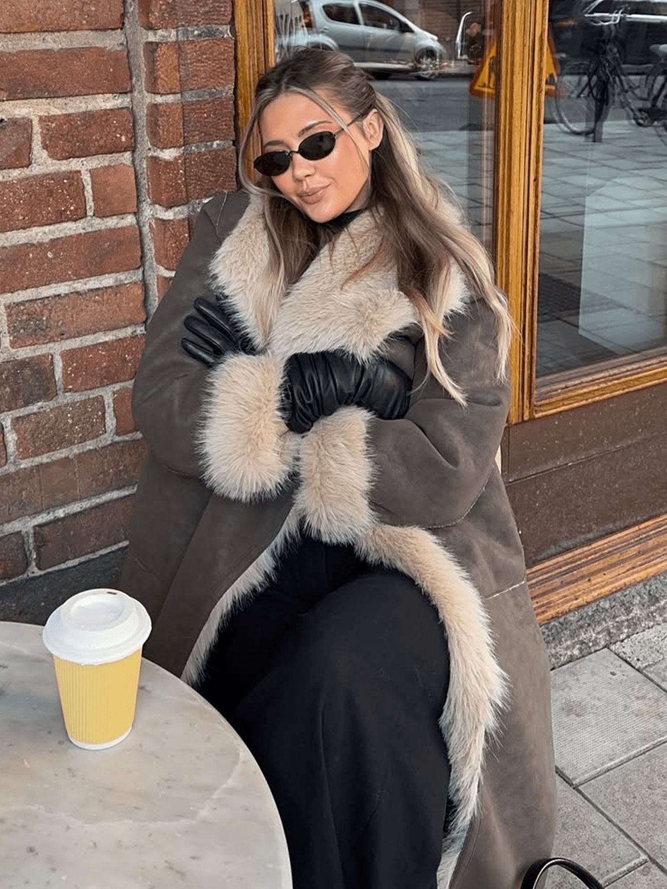 Women Reversible Faux Fur Long Coat Shearling Effect Winter Coat