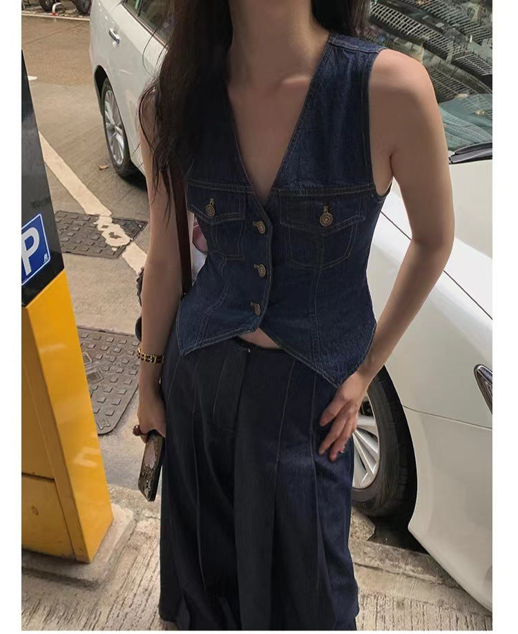 V Neck Denim Vest For Ladies