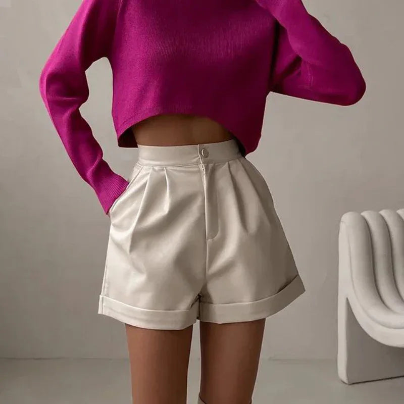 High waist pu leather a line shorts
