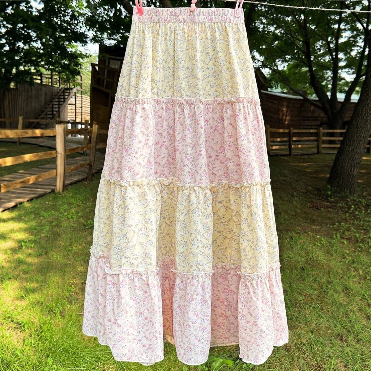 High waist maxi skirt with pink floral tiers