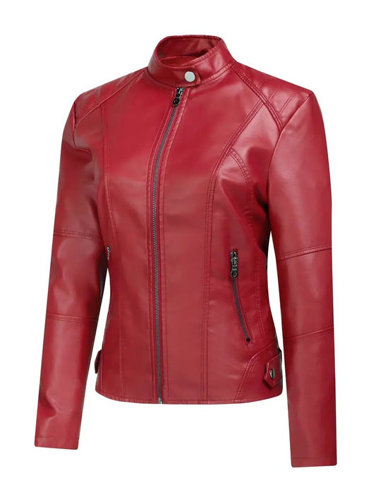 Red Faux Leather Jacket for Women Imitation Biker Leather Coat
