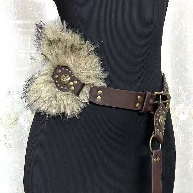 Women fur belt punk waist accessory with studded buckle