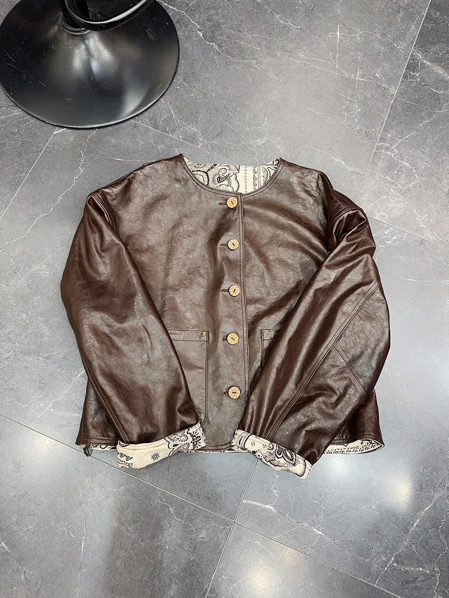 Women Leather Bomber Jacket Oil Waxed Brown S