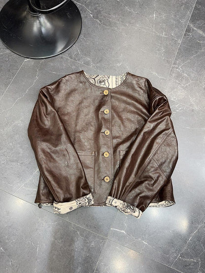 Women Leather Bomber Jacket Oil Waxed Brown S