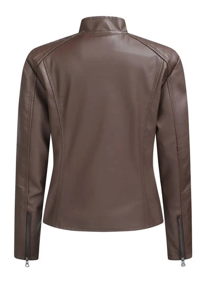 Brown PU Leather Biker Jacket for Women