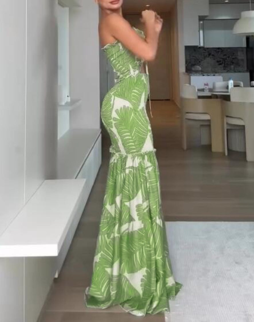 Women Long Summer Dress Printed Strapless Maxi