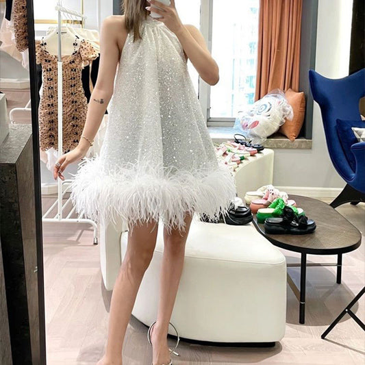 French Sequin Feather Mini Dress Halter Neck