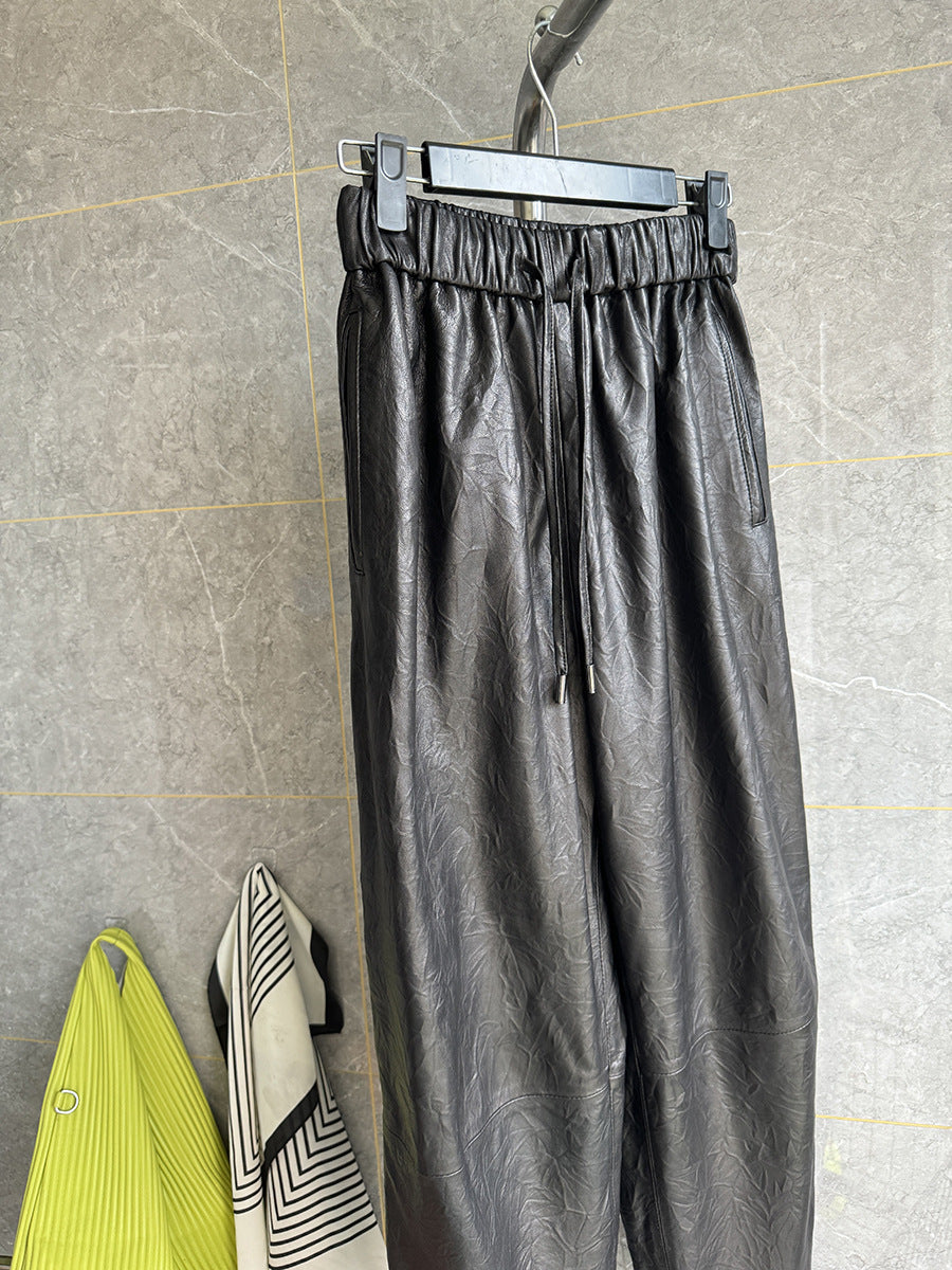 Women Genuine Leather Trousers Elastic Waist Carrot Pants